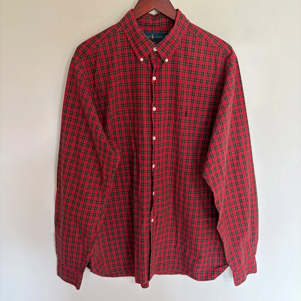 Polo Ralph Lauren Mens Classic Fit Red Plaid Tartan Button Down Shirt 17.5 36-37